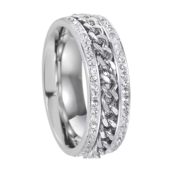 HIJONES Men Women's Rotatable Chain Ring 2 Row Diamond Stainless Steel Band Personalized Cubic Zircon Ring Band Jewelry Silver Chain Size 5