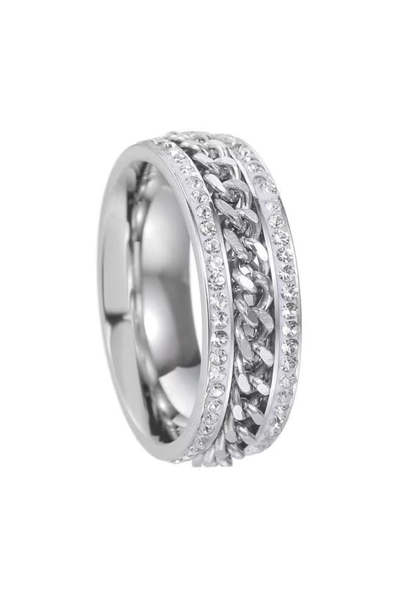 Men Women's Rotatable Chain Ring 2 Row Diamond Stainless Steel Band Personalized Cubic Zircon Ring Band Jewelry Silver Chain Size 5