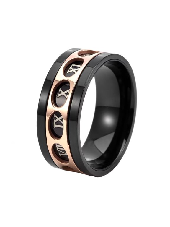 Men Women's Rotatable Hollow Roman Numeral Stainless Steel Ring Vintage Personalized Number Hip Hop Ring Band Finger Jewelry Rose Gold Size 10