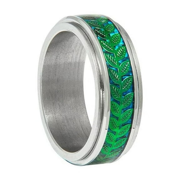 HIJONES Men Women's Rotatable Luminous Nature Leaf Ring Retro Vintage Stainless Steel Band Ring Green Size 10