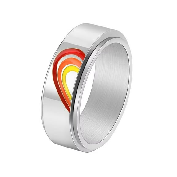 HIJONES Men Women's Rotatable RainBow Heart Ring Stainless Steel Couple Band Ring Silver Red Orange Yellow Heart Size 12