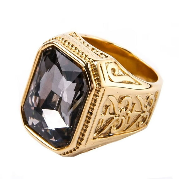 HIJONES Men Women's Square Gem Ring Stainless Steel Fashion Personality Rings Jewelry Gold Plated Gray Gemstone Size 8