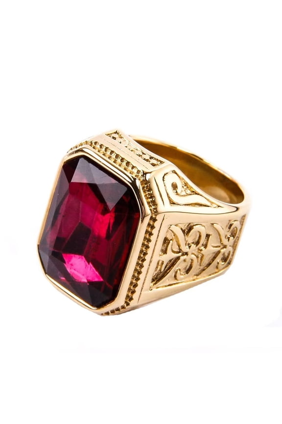 Men Women's Square Gem Ring Stainless Steel Fashion Personality Rings Jewelry Gold Plated Rose Red Gemstone Size 13