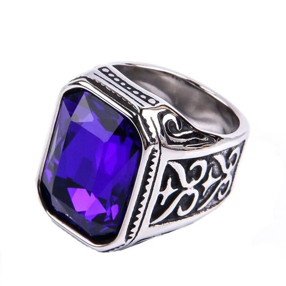 HIJONES Men Women's Square Gem Ring Stainless Steel Fashion Personality Rings Jewelry Silver Black Plated Purple Gemstone Size 7