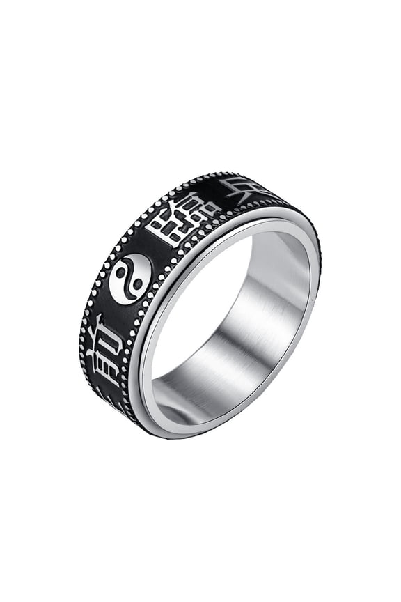 Men Women's Stainless Steel Ancient Chinese Nine Character Truth Ring Yin Yang Turnable Anxiety Rings Ba Gua Silver Size 10