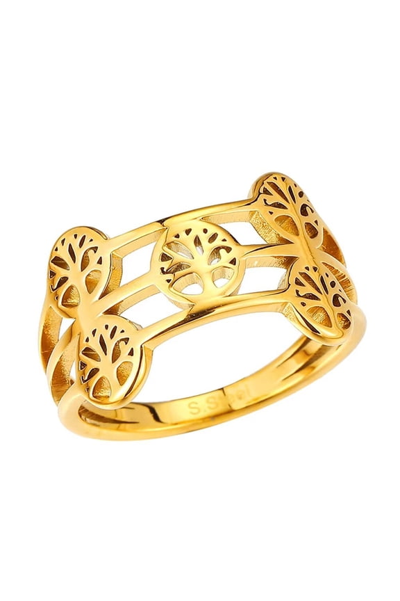 Men Women's Stainless Steel Ancient Tree of Life Double Layers Ring Vintage Leaves Statement Ring Personalized Jewelry Gold Size 9
