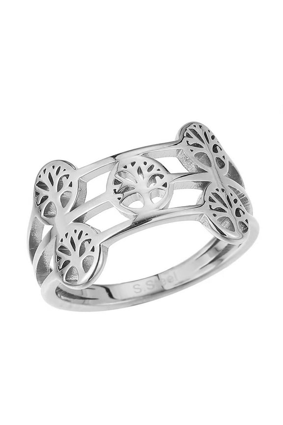 Men Women's Stainless Steel Ancient Tree of Life Double Layers Ring Vintage Leaves Statement Ring Personalized Jewelry Silver Size 9