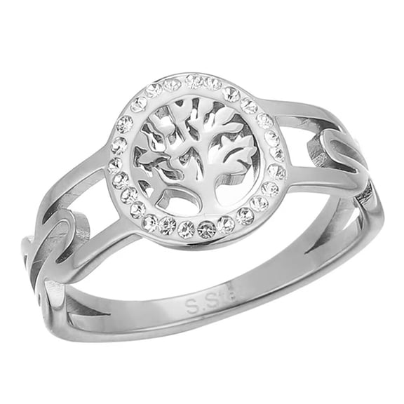 HIJONES Men Women's Stainless Steel Ancient Tree of Life Micro Pave CZ Ring Vintage Leaves Statement Ring Personalized Jewelry Silver Size 7