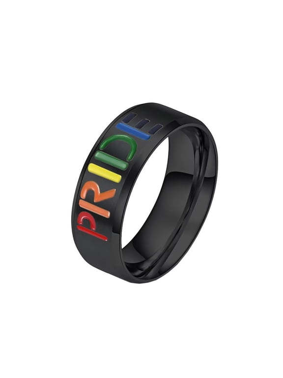Men Women's Stainless Steel PRIDE Rainbow flag Ring for Lesbian & Gay LGBT Wedding Engagement Band Black Size 10