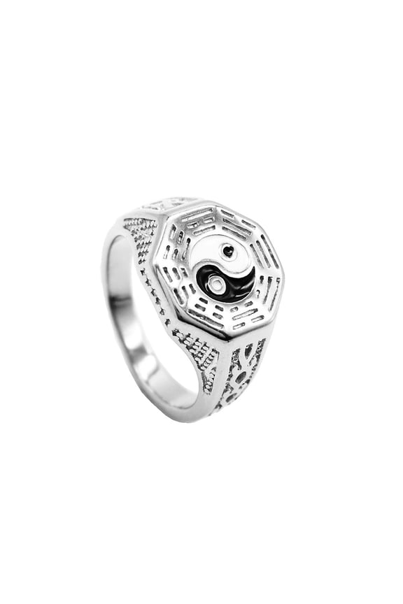 Men Women's Stainless Steel Yin Yang Ring Ba Gua Amulet Ancient Chinese Carved Ring Silver Size 11