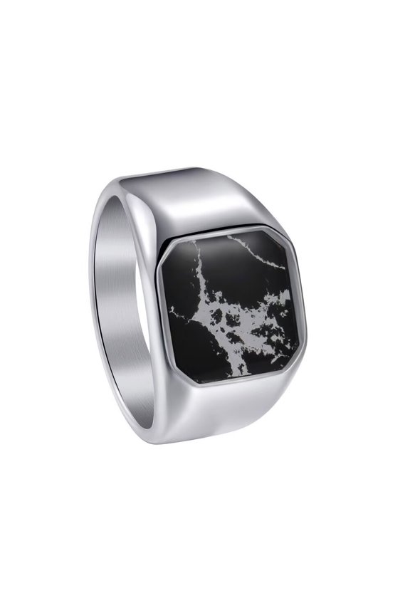 Men Women's Vintage Inlaid Marble Stainless Steel Ring Simple Promise High Polished Band Ring Jewelry Comfort Fit Silver Size 9