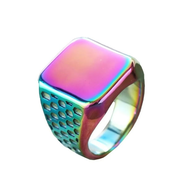 HIJONES Men's 19mm Wide Square Chunky Glossy Ring Stainless Steel Hip Hop Vintage Signet Ring Band Statement Finger Jewelry Rainbow Size 13