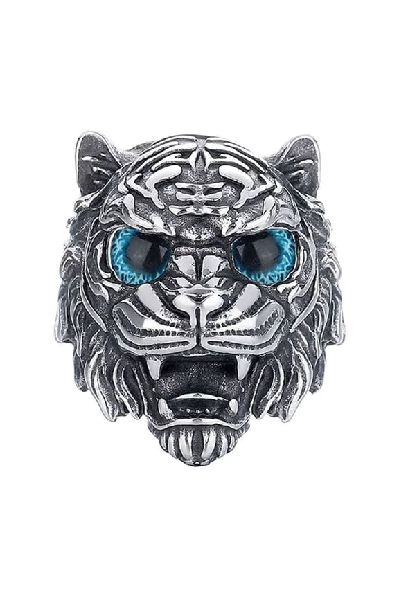 Men's Tiger Stainless Steel Ring Jewelry Blue Eyes Size 8