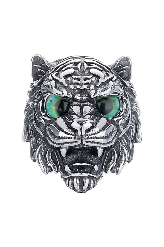 Men's Animal Tiger Stainless Steel Ring Band High Polished Vintage Jewelry Green Eyes Size 10