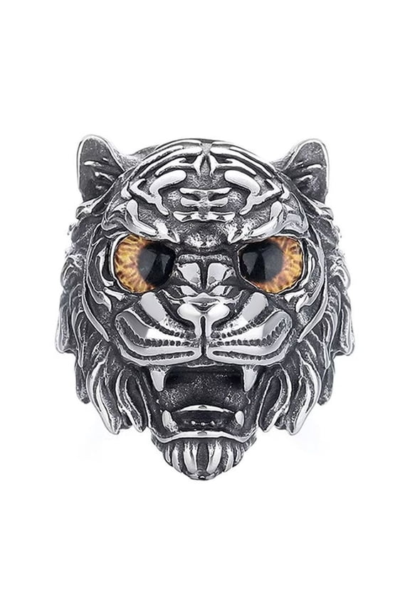 Men's Animal Tiger Head Stainless Steel Ring Band High Polished Vintage Domineering Jewelry Yellow Eyes Size 9