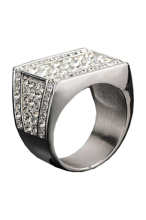 Men's Full Diamonds Stainless Steel Rings Personalized Cubic Zircon Band Ring Jewelry Silver Size 7