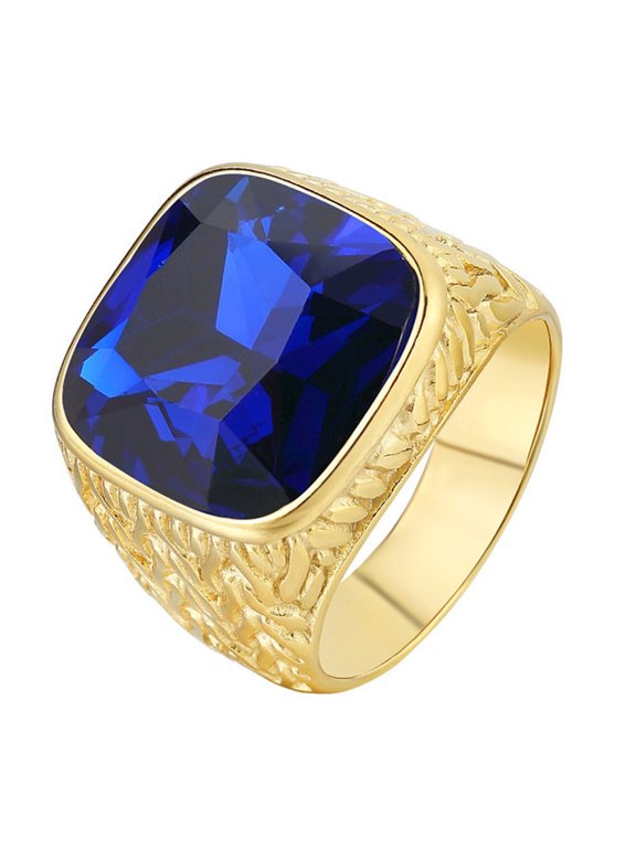 Men's Gold Stainless Steel Simple Classic Square Gemstone Rings Blue Size 10
