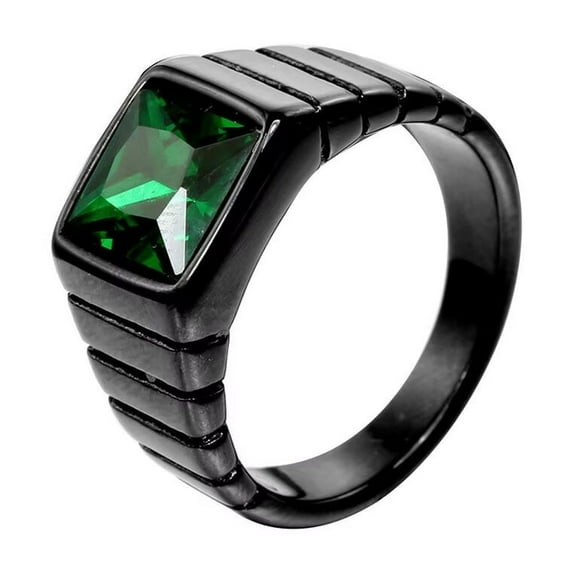 HIJONES Men's Green Stone Ring Stainless Steel Square Crystal Gemstone Simple Vintage Statement Rings Black Size 12