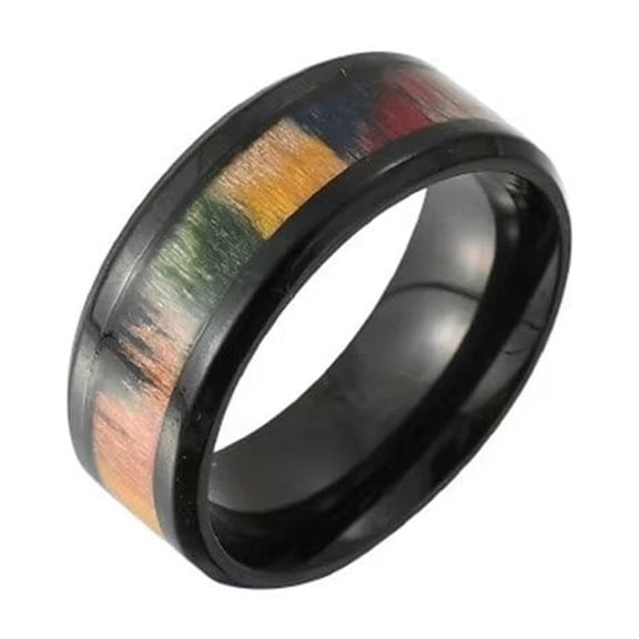 HIJONES Men's Inlaid Wood Grain Ring Stainless Steel Vintage Personalized Band Rings Jewelry Black Size 10