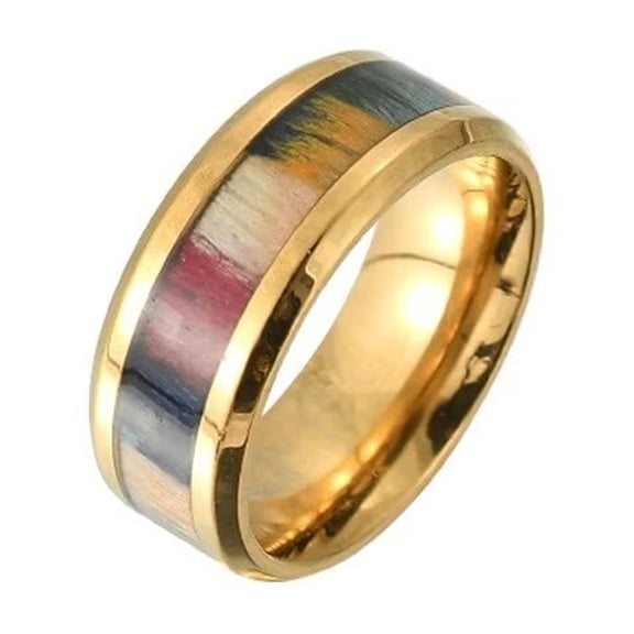 HIJONES Men's Inlaid Wood Grain Ring Stainless Steel Vintage Personalized Band Rings Jewelry Gold Size 8