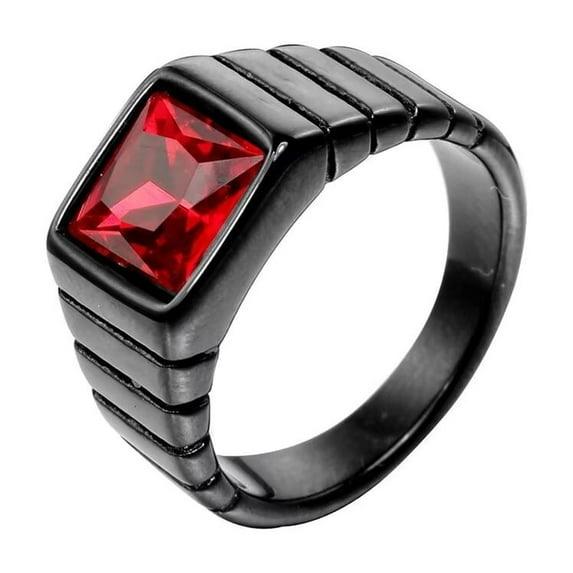 HIJONES Men's Red Stone Ring Stainless Steel Square Crystal Gemstone Simple Vintage Statement Rings Black Size 10