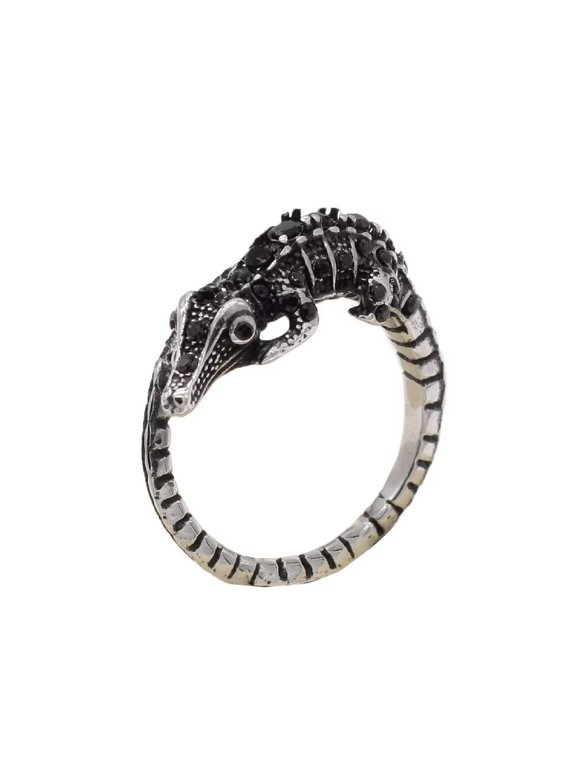 Men's Retro Crocodile Lizard Ring Vintage Stainless Steel Hip Hop Ring Band Finger Jewelry Silver Plated Black Size 8