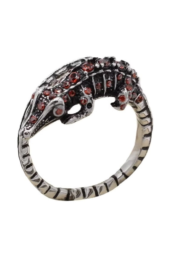 Men's Retro Personalized Crocodile Lizard Gemstone Ring Vintage Stainless Steel Hip Hop Ring Band Finger Jewelry Silver Red Diamond Size 10