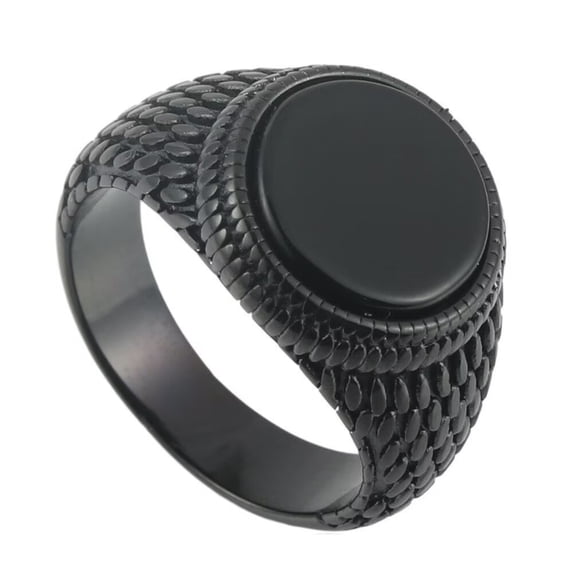 HIJONES Men's Retro Round Gemstone Ring Vintage Stainless Steel Scales Hip Hop Ring Band Finger Jewelry Black Size 11