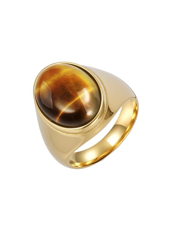 Men's STAINLESS STEEL Big Oval Dome Gemstone Agate Engagement Polished Plain Band Ring Charm Jewelry Gold Brown Stone Size 8
