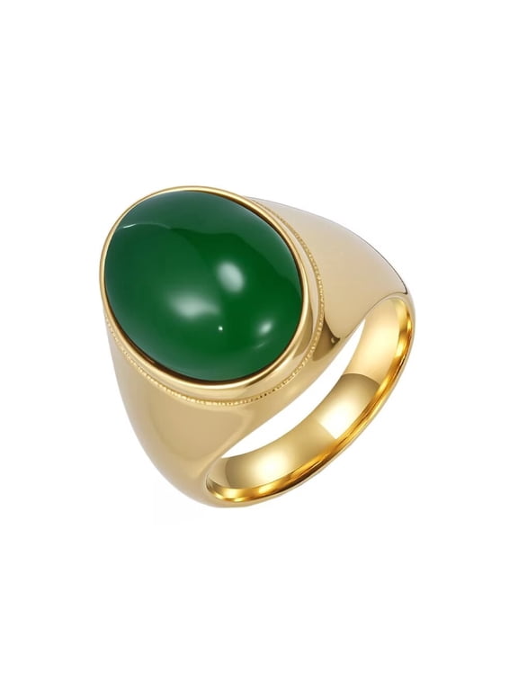 Men's STAINLESS STEEL Big Oval Dome Gemstone Agate Engagement Polished Plain Band Ring Charm Jewelry Gold Green Stone Size 12
