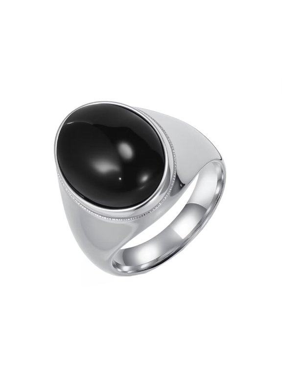 Men's STAINLESS STEEL Big Oval Dome Gemstone Ring Silver Black Stone Size 7