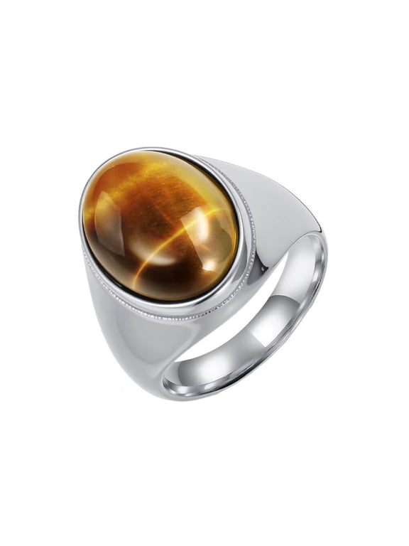 Men's STAINLESS STEEL Big Oval Dome Gemstone Agate Engagement Polished Plain Band Ring Charm Jewelry Silver Brown Stone Size 8