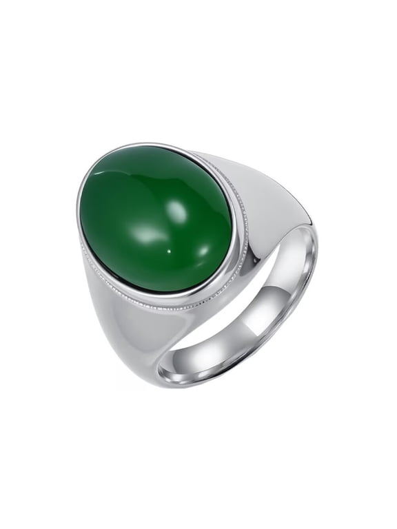 Women Men's Oval Gemstone Stainless Steel Polished Stone Ring Vintage Personalized Hip Hop Jewelry Silver Green Size 8