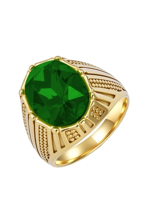 Men's STAINLESS STEEL Rhinestone Cut Glass Gemstone Zircon Engraved Band Engagement Ring Crystal Style Gold Green Stone Size 9