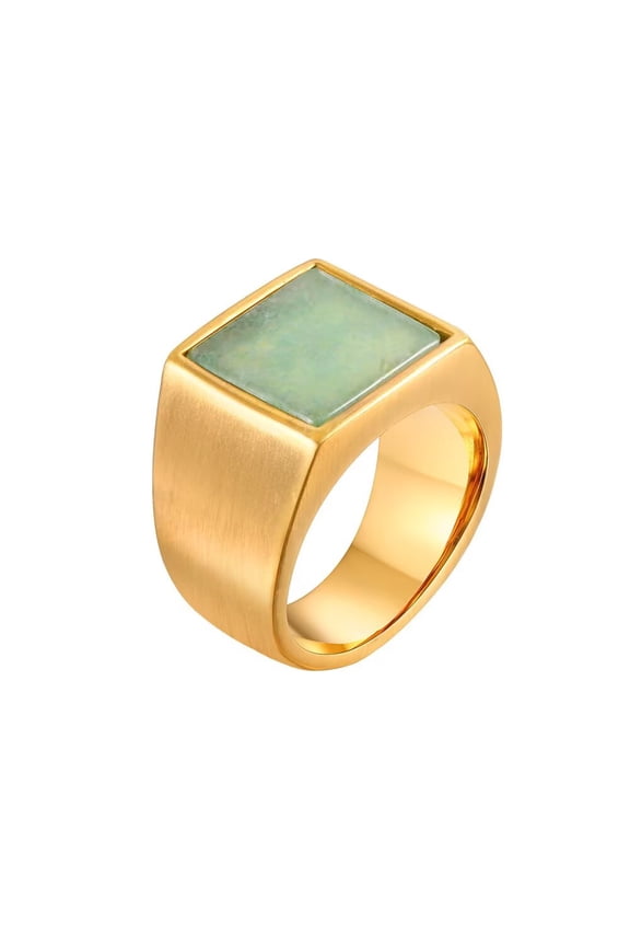 Men's STAINLESS STEEL Square Flat Agate Gemstone SignetRing Matte Polished Finger Wedding Band Gold Green Stone Size 12