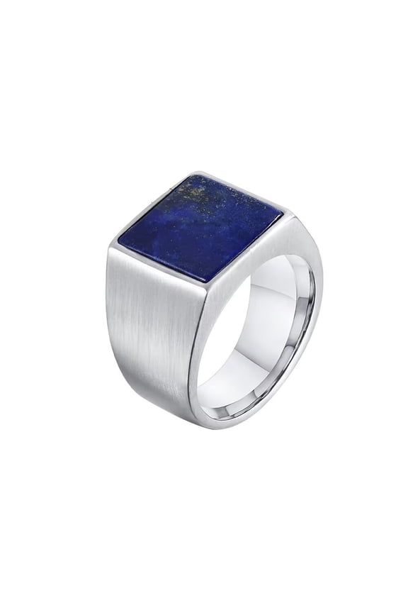 Men's STAINLESS STEEL Square Flat Agate Gemstone SignetRing Matte Polished Finger Wedding Band Silver Blue Stone Size 10