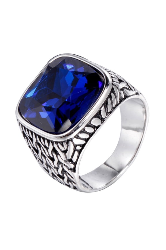 Men's Silver Stainless Steel Simple Classic Square Gemstone Rings Blue Size 13
