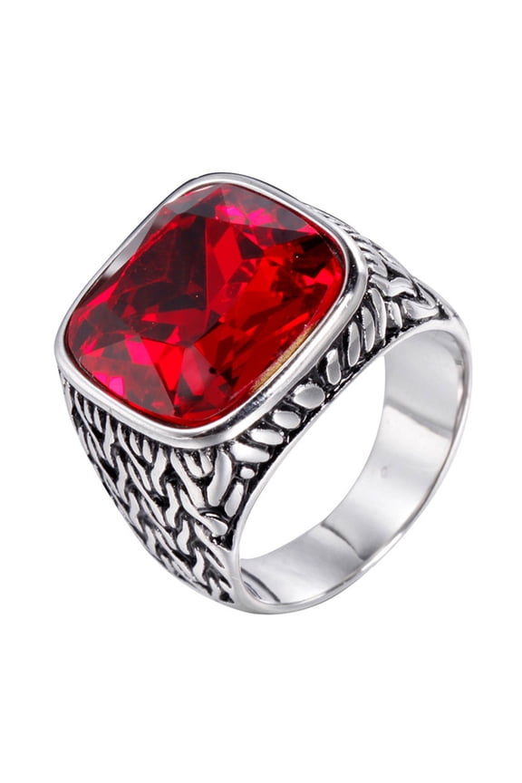 Men's Silver Stainless Steel Simple Classic Square Gemstone Rings Red Size 13