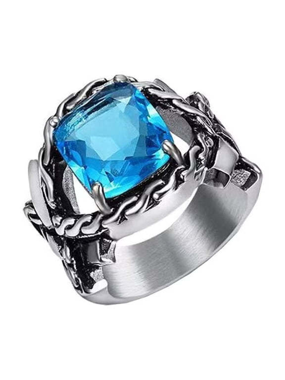 Men's Square Gem Ring Stainless Steel Fashion Twist Ring Band Jewelry Silver Plated Blue Gemstone Size 8