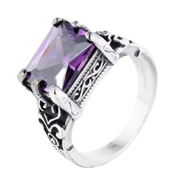 HIJONES Men's Square Gemstone Stainless Steel Ring Vintage Personalized Punk Gothic Hip Hop Jewelry Purple Size 8