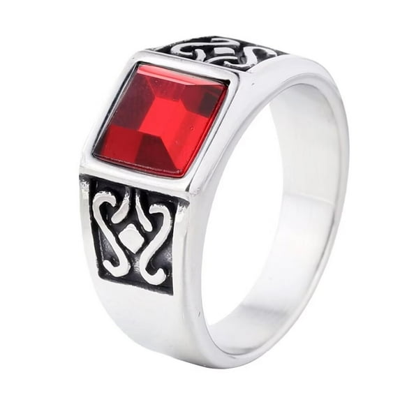 HIJONES Men's Square Gemstone Stainless Steel Ring Vintage Personalized Punk Gothic Jewelry Red Size 9