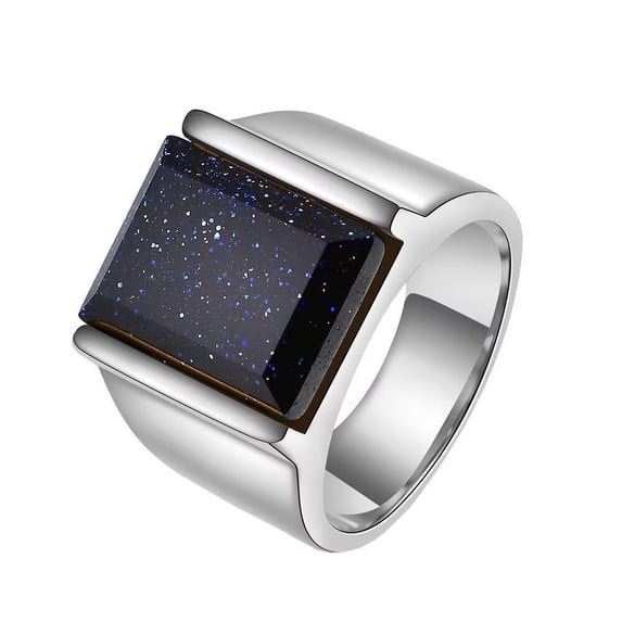 HIJONES Men's Stainless Steel 10MM Square Gemstone Crystal Inlaid Plain Engagement Ring Gold Plated Glossy Wedding Band Silver Blue-Sandstone Size 12