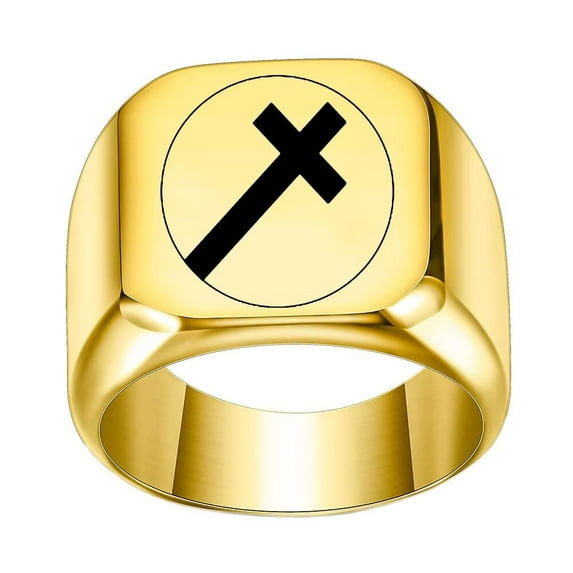 HIJONES Men's Stainless Steel 18MM Square Cross Relief Anxiety Chunky Signet Ring Titanium Lucky Biker Band Gold Size 5