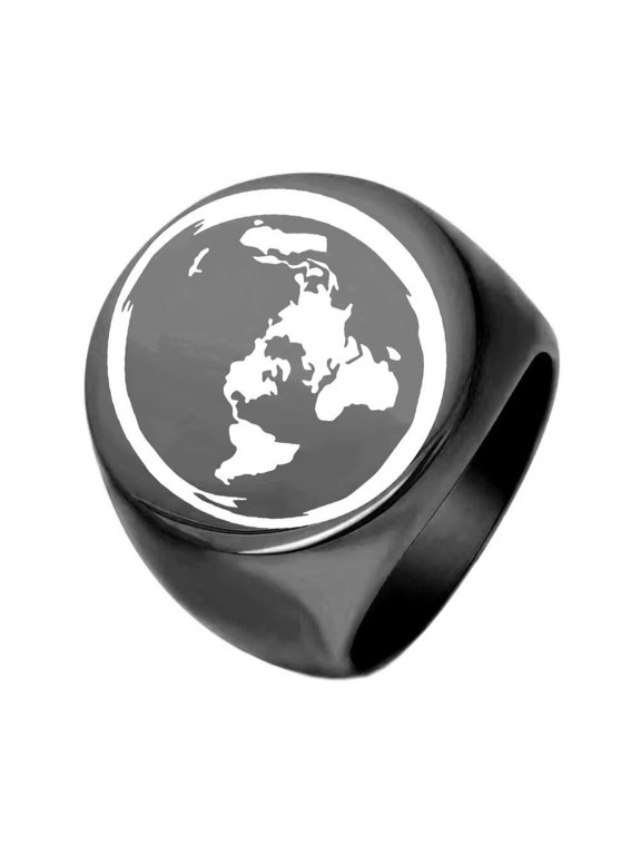 Men's Stainless Steel 22MM Round Geological Earth Land Map Biker Chunky Statement Ring Planet Finger Band Black Size 9