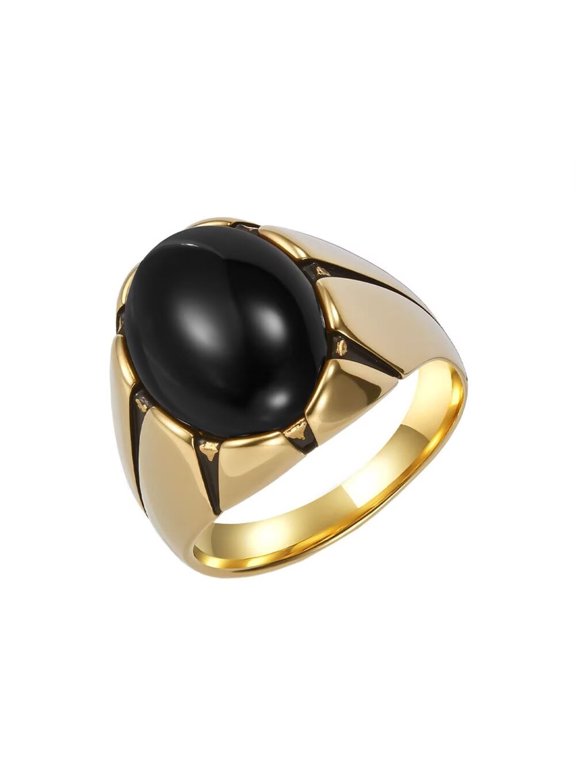 Men's Stainless Steel Gemstone Engraved Signet Ring Gold Black Stone Size 10