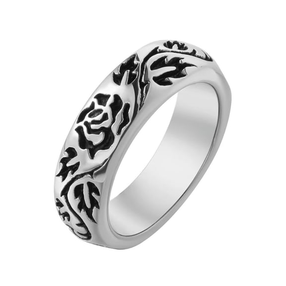 HIJONES Men's Stainless Steel Antique Rose Engraved Statement Ring 6MM Width Biker Band Silver Size 12
