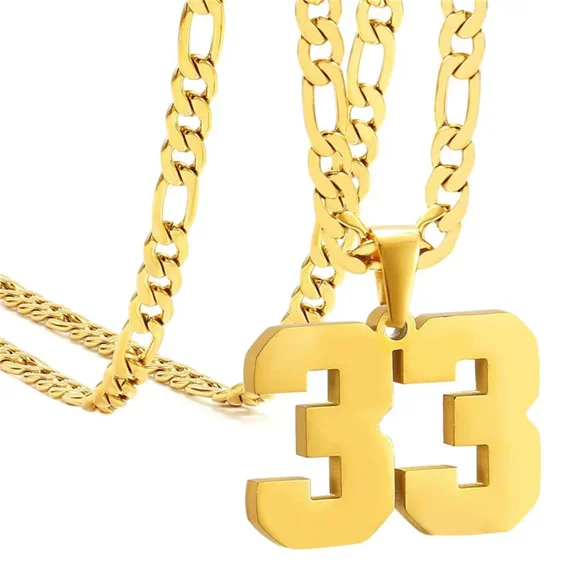 HIJONES Men's Stainless Steel Athletes Number 00-99 Necklaces Sport Pendant Chain Baseball/Basketball/Football Team Inspiration Jewelry Gold Number 33