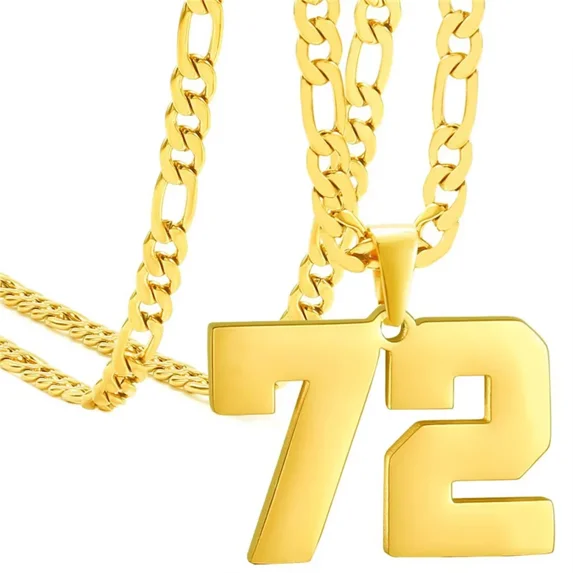 HIJONES Men's Stainless Steel Athletes Number 00-99 Necklaces Sport Pendant Chain Baseball/Basketball/Football Team Inspiration Jewelry Gold Number 72