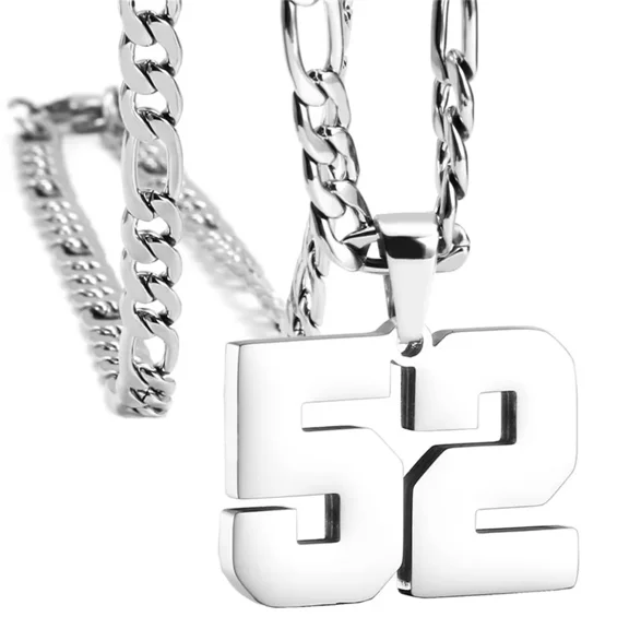 HIJONES Men's Stainless Steel Athletes Number 00-99 Necklaces Sport Pendant Chain Baseball/Basketball/Football Team Inspiration Jewelry Silver Number 52