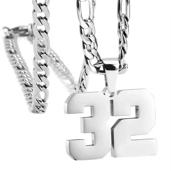 HIJONES Men's Stainless Steel Athletes Number 00-99 Necklaces Sport Pendant Chain Baseball/Basketball/Football Team Inspiration Jewelry Silver Number 32